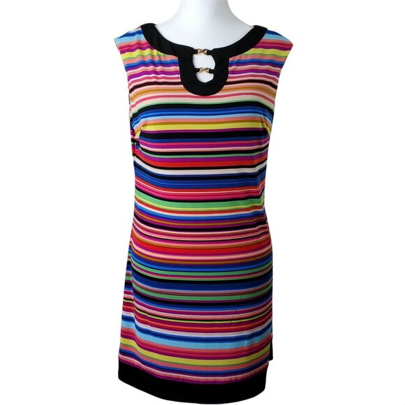 London Times Sleeveless Dress 4p Petite Colorful Stripes Knee Length Stretch - Picture 1 of 7